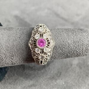 Vintage Sterling 925 Silver Ring Filigree Channel Set Accent Gems Pink White
